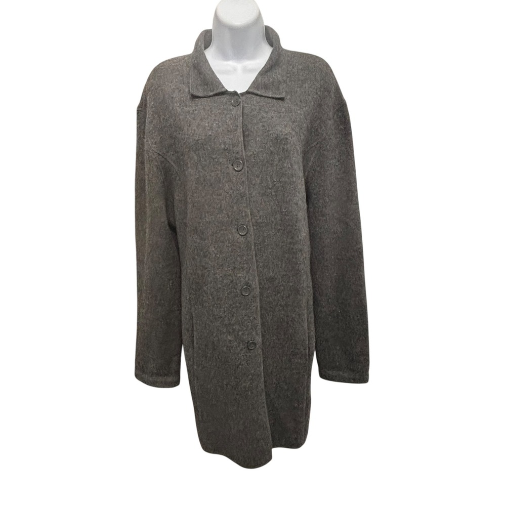Herman Geist Women Large 100% Wool Longline Button Front Coat Gray Dark Academia
